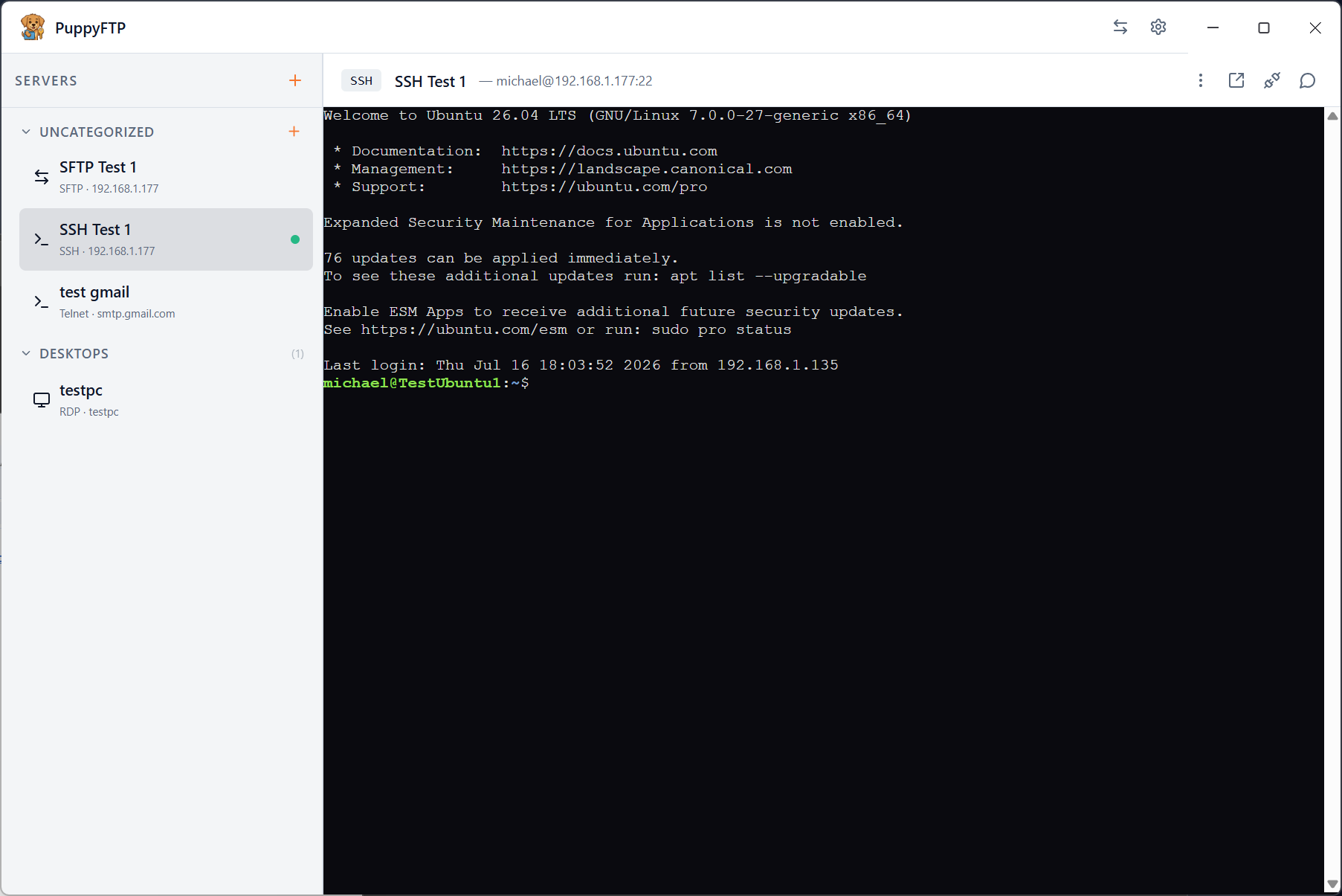 PuppyFTP application screenshot showing an SSH session